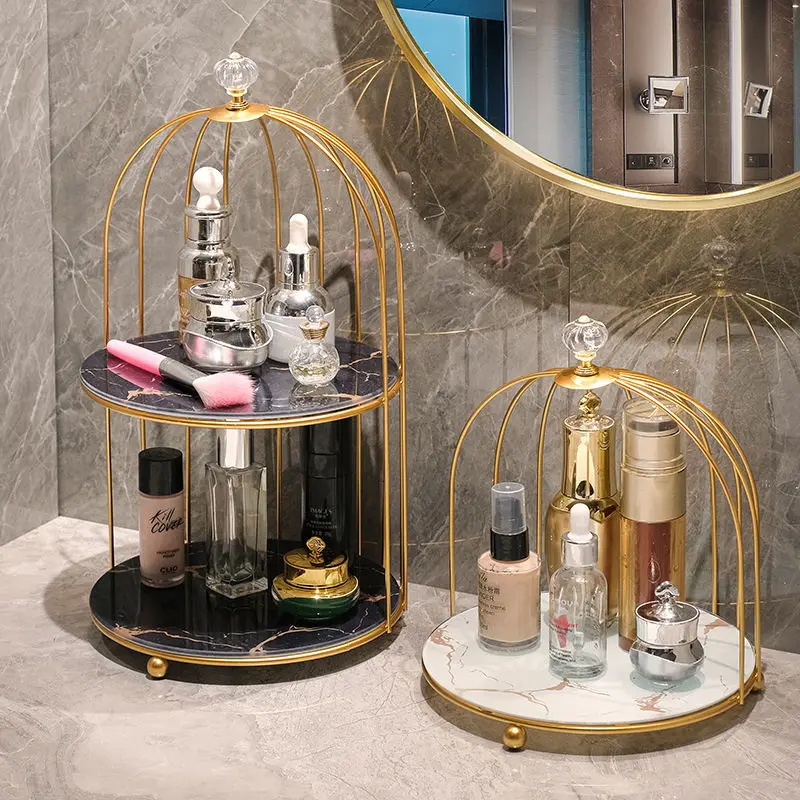 Iron Art Cosmetic Shelf Makeup Organizer Dressing Table Lipstick Perfume Makeup Storage Shelf Bathroom Iron Bird Cage Holder