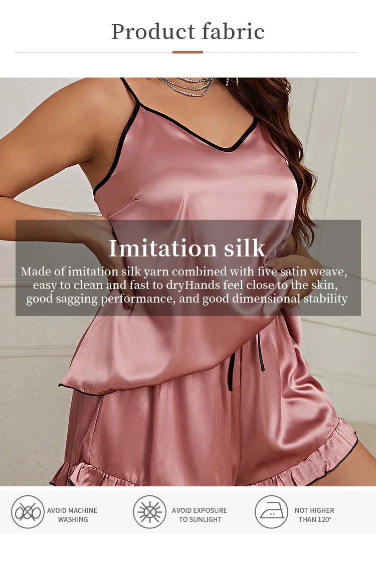 Women Satin pajamas set  Large Size Solid Color Silk Nightwear Sets 2Piece Short Set V-neck suspender sleeveless shorts Pyjamas