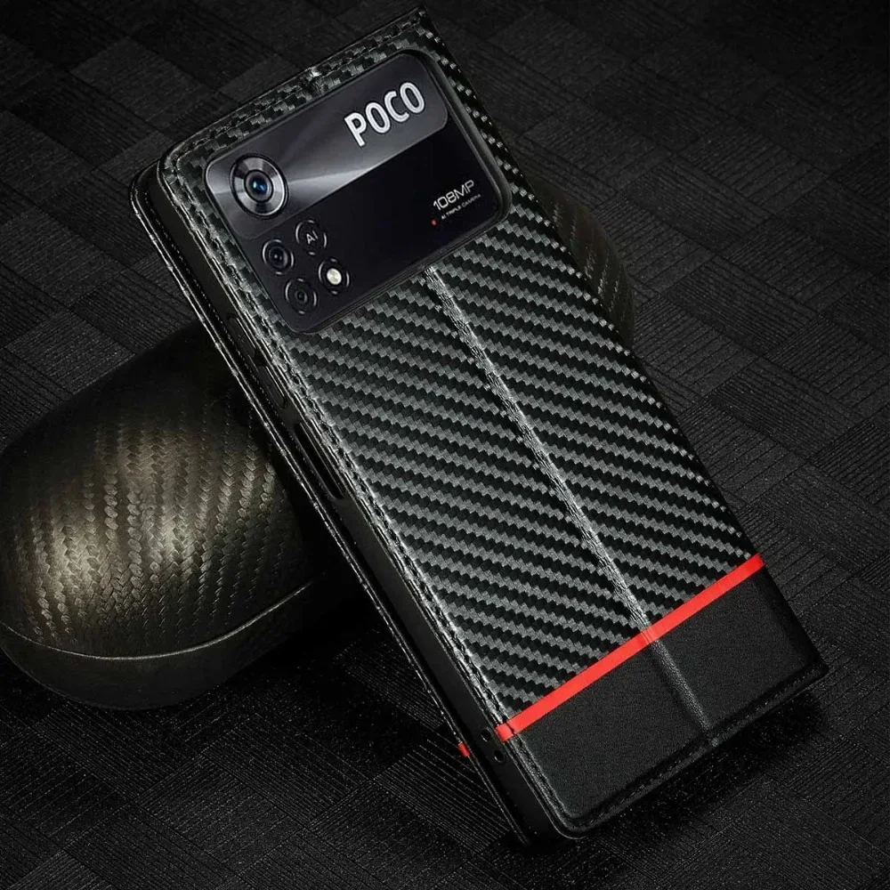 Magnetic Carbon Fiber Leather Wallet Phone Case Cover