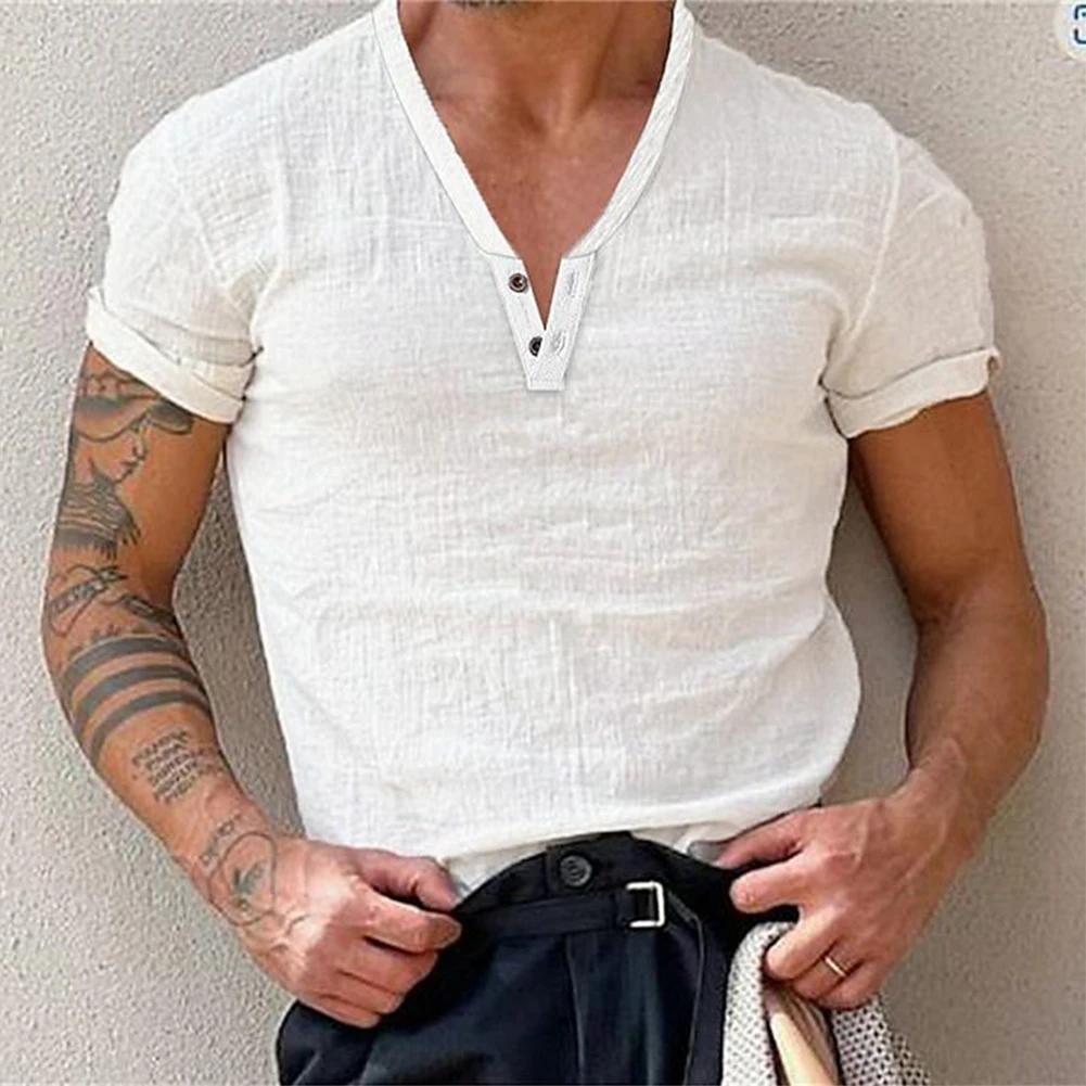 

Men T-Shirt Summer All SeasonPolyester V-Neck Blouse Breathable Cotton Blend Henley Neck Brand New High Quality
