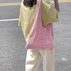 Retro Ethnic Summer Beach Bag Hand Knitted Shoulder Bag Hollow Out Handbag For Women Mesh Shopper Bag Large Capacity Storage Bag