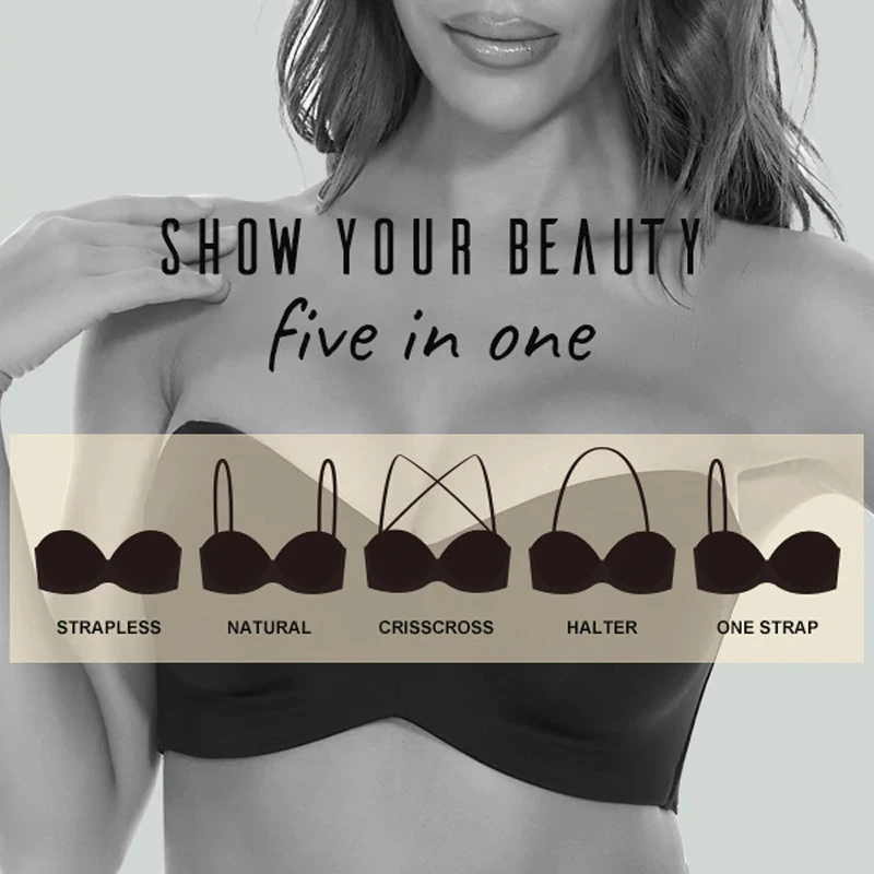 Women Full Support Strapless Bra Push up Plus Size Seamless Bra Non-Slip  Convertible Bandeau Bra Invisible Lifting Underwired