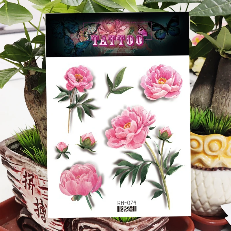 

Temporary Tattoo Sticker Pink Rose Peony Flowers Waterproof Tatoo Stickers Body Art Painting Arm Legs Fake Tattoos for Woman