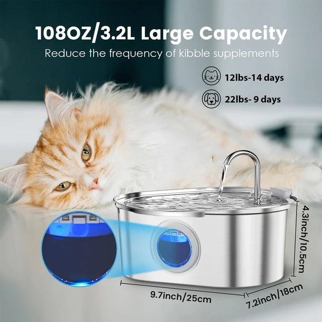 3.2L Cat Automatic Water Dispenser Smart Cat Fountain Pet Auto Water Feeder with Visible Window Dog Stainless Steel Water Bowl 6