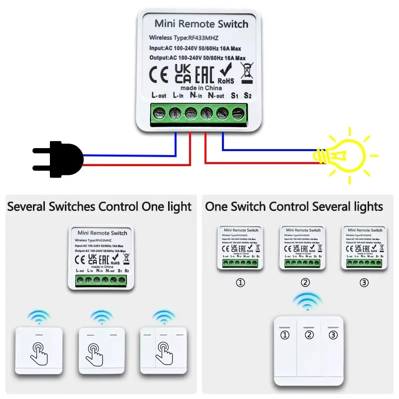 RF 433MHZ Smart Universal Wireless Switch 16A Relay Breaker 2-Way Control Mini Remote Controls AC100-240V DIY Smart Home Devices