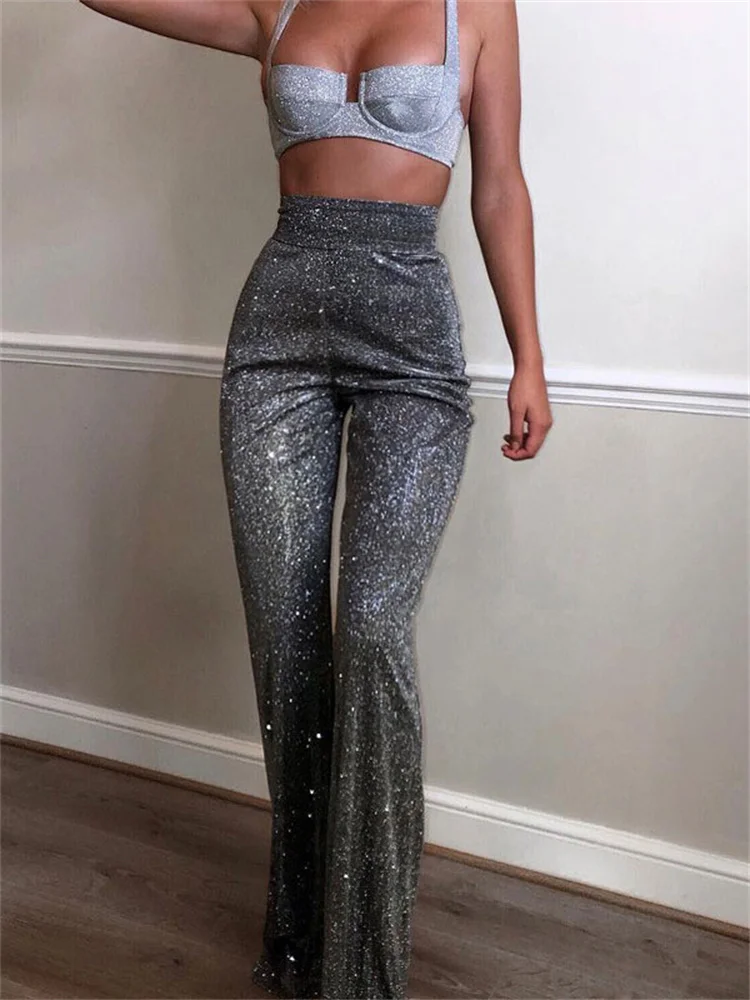 Pantalones de cintura alta con purpurina plateada para mujer, informales, de pierna recta, para fiesta, discoteca, moda femenina, parte inferior brillante