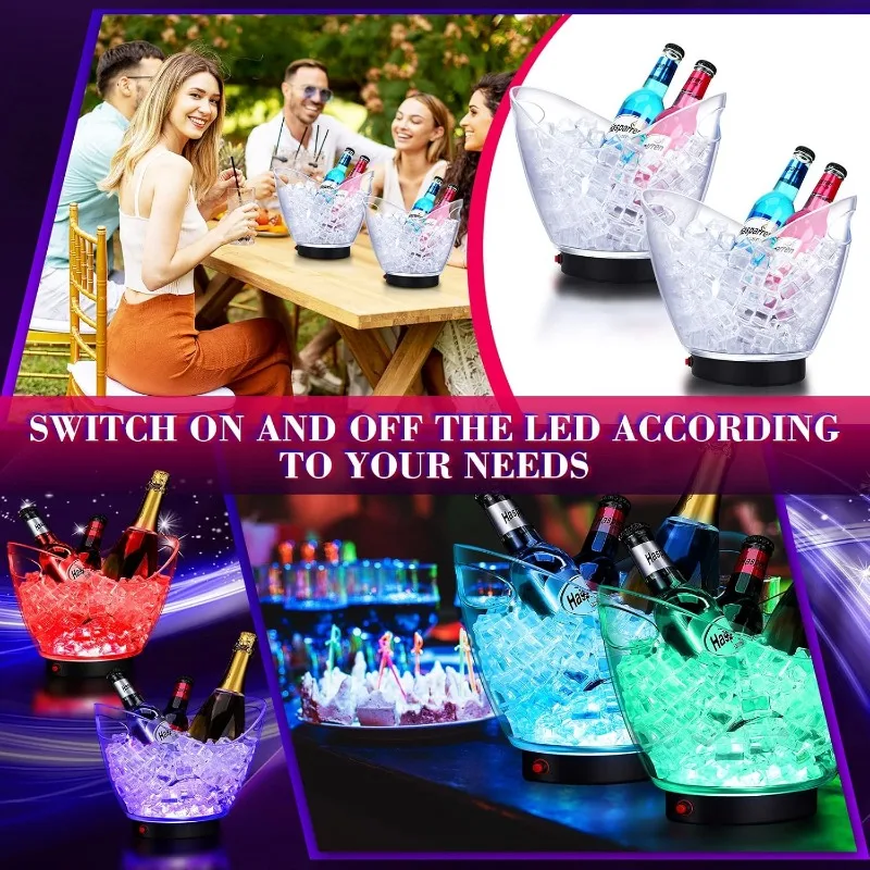 1PCS 2L LED Ice Buckets Plastic Clear Ice Bucket Colors Changing Champagne Wine Beer Cooler Bucket for Home Bar Party Club Use
