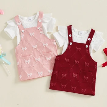 Pudcoco Infant Baby Girls Summer Clothes Solid Ribbed Short Sleeve Romper with Bow Pattern Overall Dress 2 Pcs Set 0-18M 1