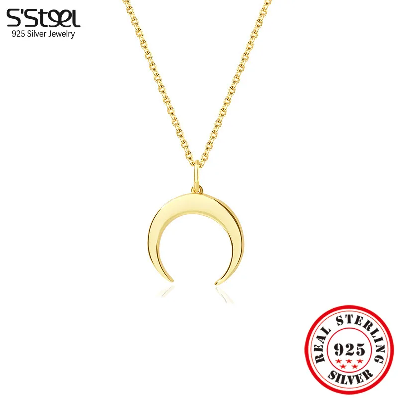 

S'STEEL Silver 925 Real 100% Crescent Moon Pendant Chokers Necklaces Gift For Girlfriend Retro Luxury Accessories Fine Jewellery