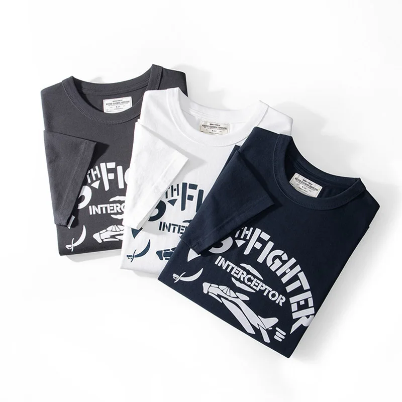 

Summer New American Retro Heavyweight Short-sleeved O-neck Plane Printed T-shirt Men's Fashion 100% Cotton Washed Casual Tops