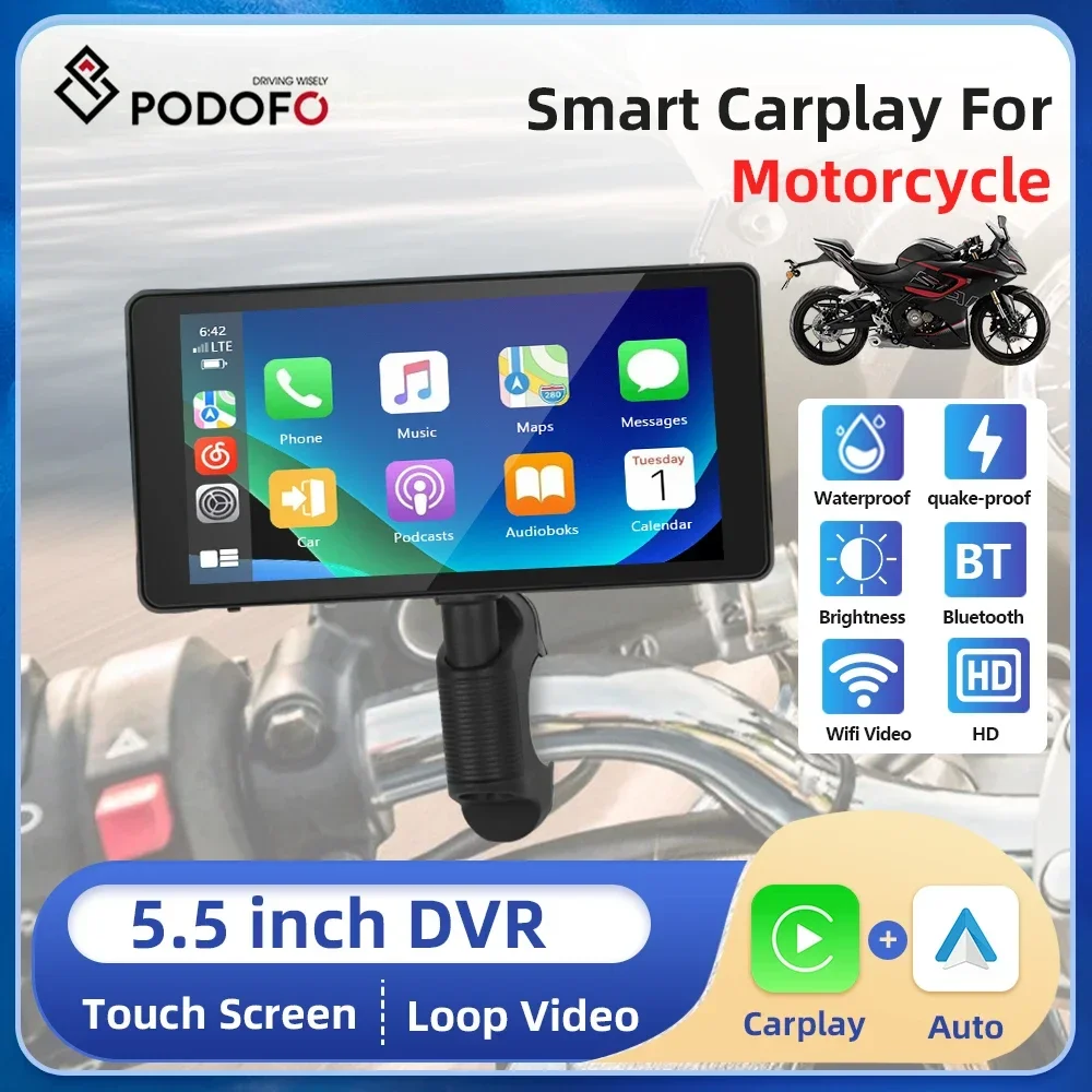 Podofo 5.5'' Motorcycle Monitor DVR Portable Navigator Wireless Carplay Android Auto Drive Recorder WIFI Waterproof,motorcycle smart player,monitor display