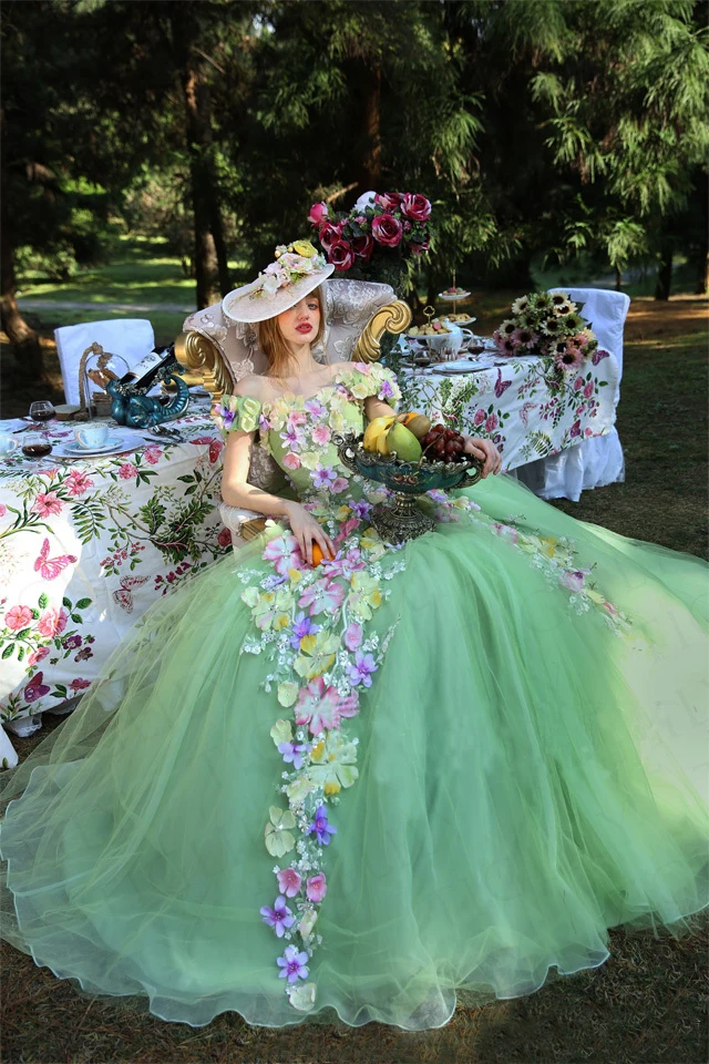 Floral Fluffy Tulle Fairy Bridal Dress Lace Up Back Bridal Gowns 3D Flowers  | eBay