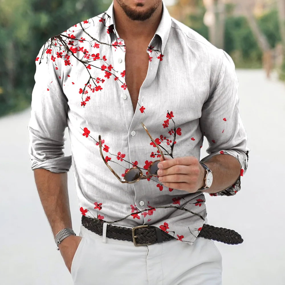 

Autumn Fashion Shirts For Men Ink Print Men's Long-sleeved Shirt Vintage Streetwear Men's Clothing Daily Tops Casual Tee Blouse