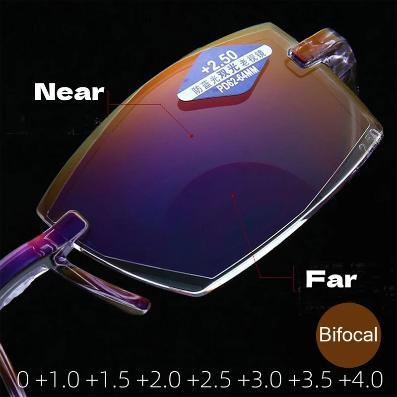 

Anti-Blue Light Near & Far Bifocal Reading Glasses Diamond-cut Men Multifocal Eyewear Rimless Eyeglasses Diopter 0 +1 +1.5 +4.0