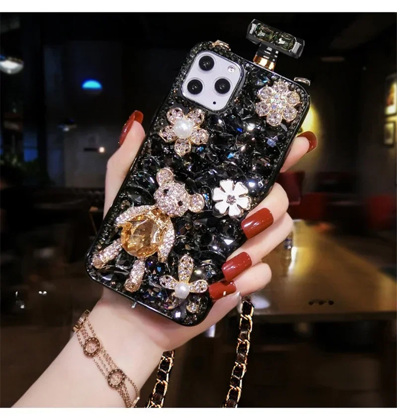 3D Bear Perfume Bottle Case for iphone 15 14 13 12 16 Pro 16Plus MAX, Rhinestone Cover, Hot Bling