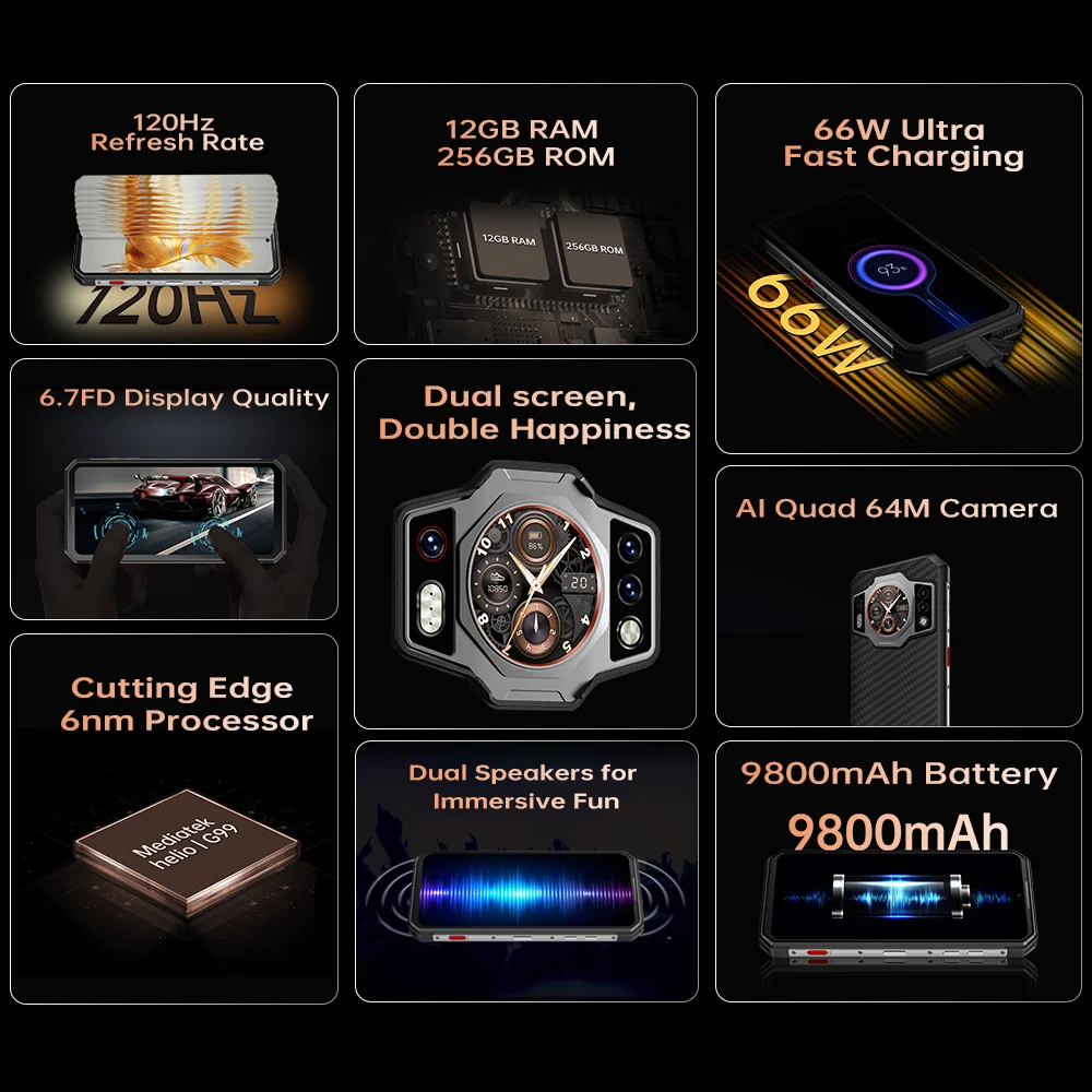 Oukitel WP21 Rugged Cellphone 12GB+256GB Night Vision Helio G99 Mobile Phone 64MP Camera 9800mAh battery 66W 120Hz Smartphone
