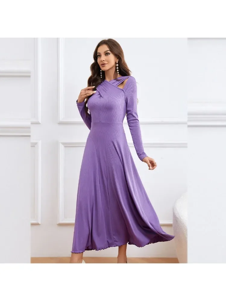 

Dresses, Knitwear, Autumn and Winter Women's Fashion New Round Neck, Long Sleeved, Solid Color, High Waisted Women's Long Skirt