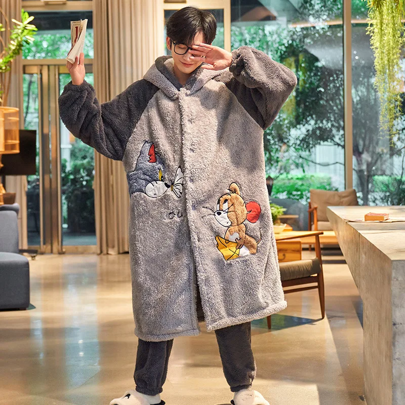 Cartoon Flannel Thickened Fleece Teen Winter Coral Velvet Nightgown Homewear Hoodie Set Cosy Thermal Pajamas Both Men Women Men pyjamas, women pyjamas set