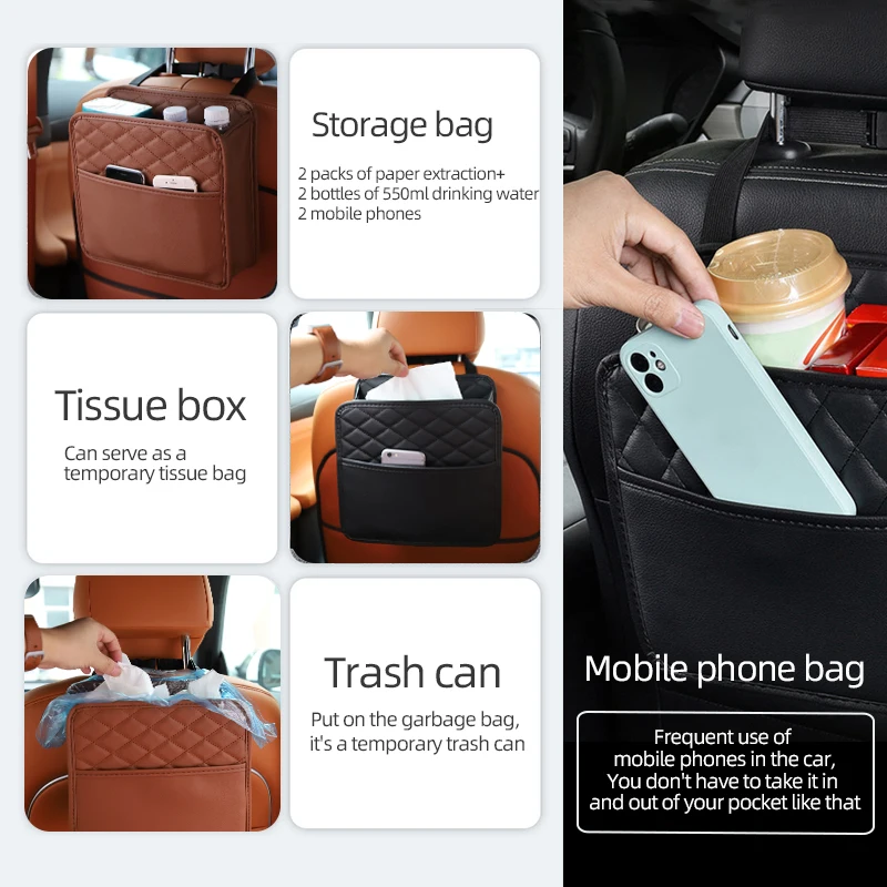 Multifunctional Car Seat Storage Bag Leather Garbage Storage Suitable for Most Car Models