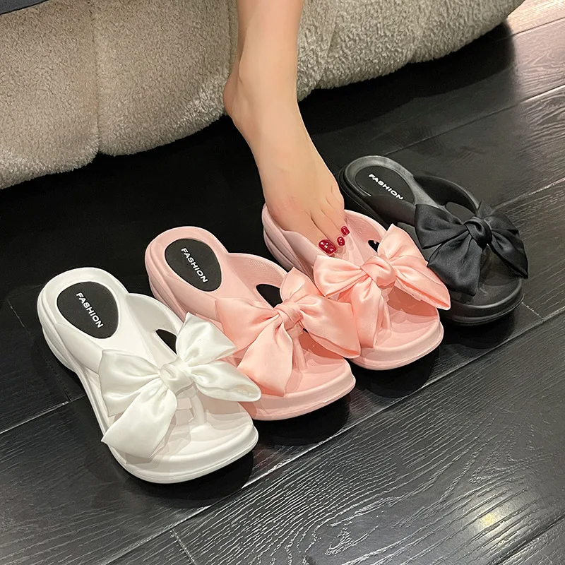 Pink Big Bowknot Wedge Flip Flops for Women Summer 2023 Platform Slippers Thick Sole Non Slip Beach Slide Sandalias De Mujer