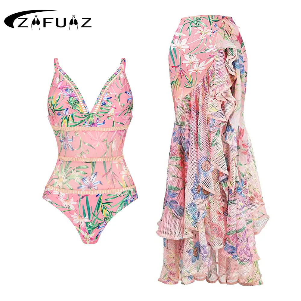 

Women Swimwear 2023 Floral Print One Piece Swimsuit Mesh Skirt Splicing Sarong Cover Up Ruffled V Neck Backless Sling Bikini