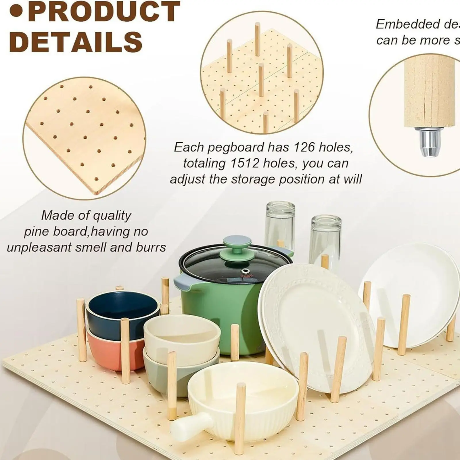 Wood Pegboard Drawer Organizer Storage Sturdy Organization Dish and Plate Organizer Peg Board System Adjustable for Utensils