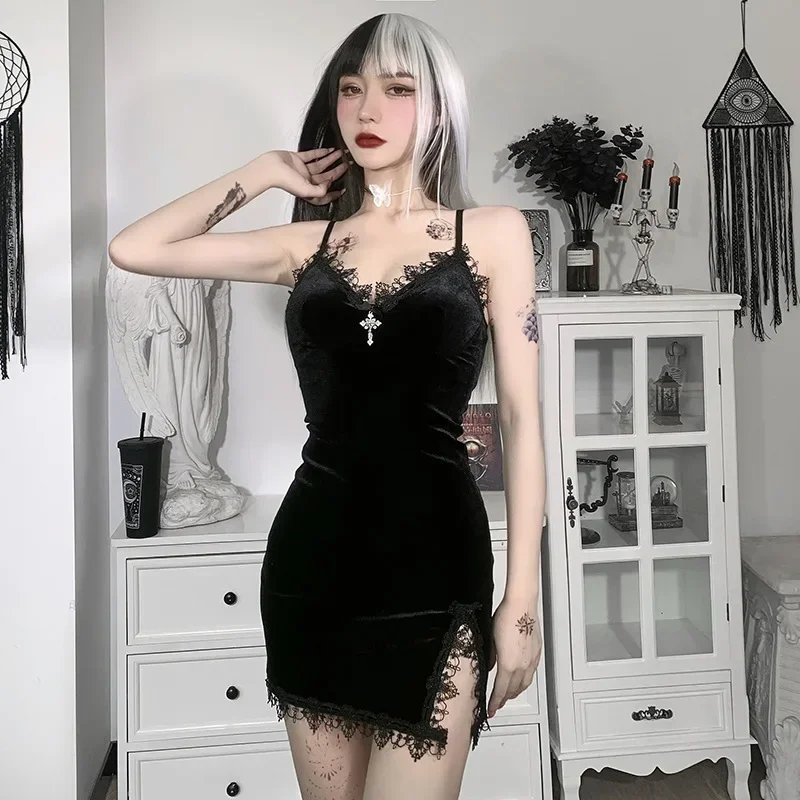 

Dark Cross Black Mini Dress Vintage Sexy Spaghetti Strap High Waist Slit Dresses Goth Party Club Women Dress