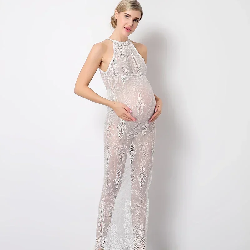 

Lace Stretch Perspective Maternity Photography Dress Halter Dress Sexy Tight Maternity Dress Floral Decorate Photography Props