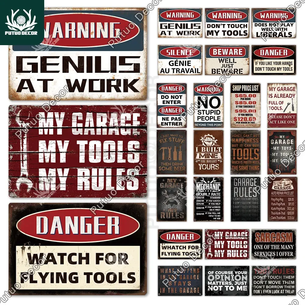 Putuo Decor My Garage Rules Warning Vintage Tin Sign Metal Plate Beware Wall Decoration for Garage Danger Man Cave Wall Decor