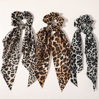 Leopard Print Bow Satin Scrunchie Hair Band Women Girls Long Ribbon Ponytail Scarf Elastic Hair Tie Scrunchies Hair Accessories 3