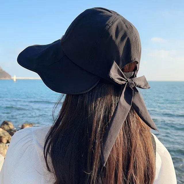 Wide Brimmed Fisherman Hat Outdoors Fishing Travel Women Sunscreen Sun Hats Bowknot Tie Hollow Ponytail Golf Summer Sunshade Cap 2