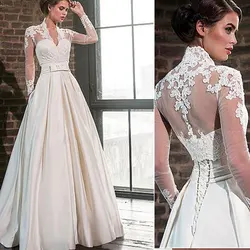 Elegant Wedding Dresses Long Sleeves Lace Satin with Pockets Wedding Gowns Bride Dress Vintage 2022 Customize Robe De Mariee