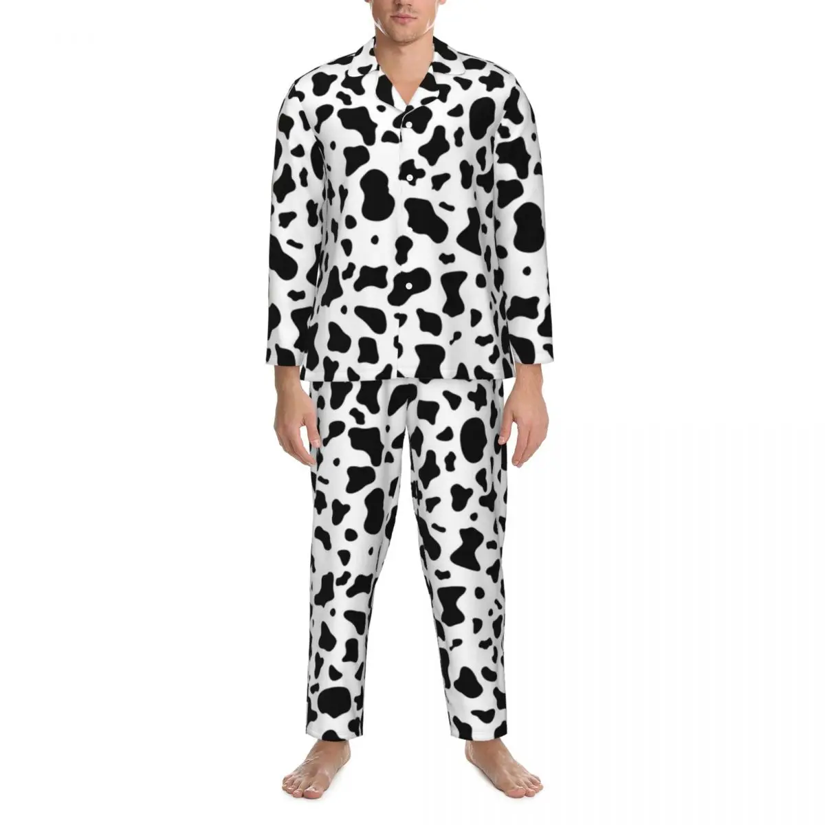 

Black White Cow Print Pajamas Set Spring Trendy Pattern Spots Animal Sleepwear Men 2 Pieces Casual Oversized Design Nightwear