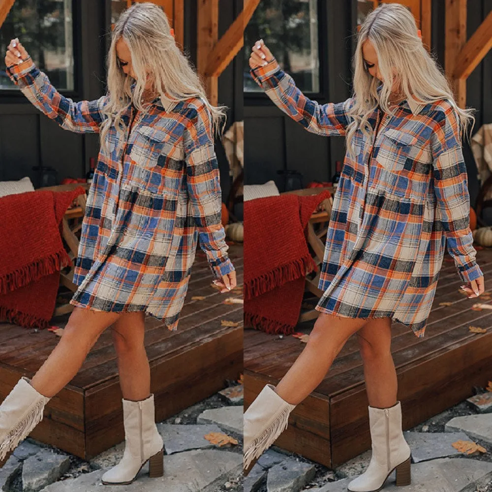 

Lattice Long Sleeve Shirts Women Turn Down Coaller Single-breasted Long Blouses Spring Autumn Clothing Fashion High Street Shirt