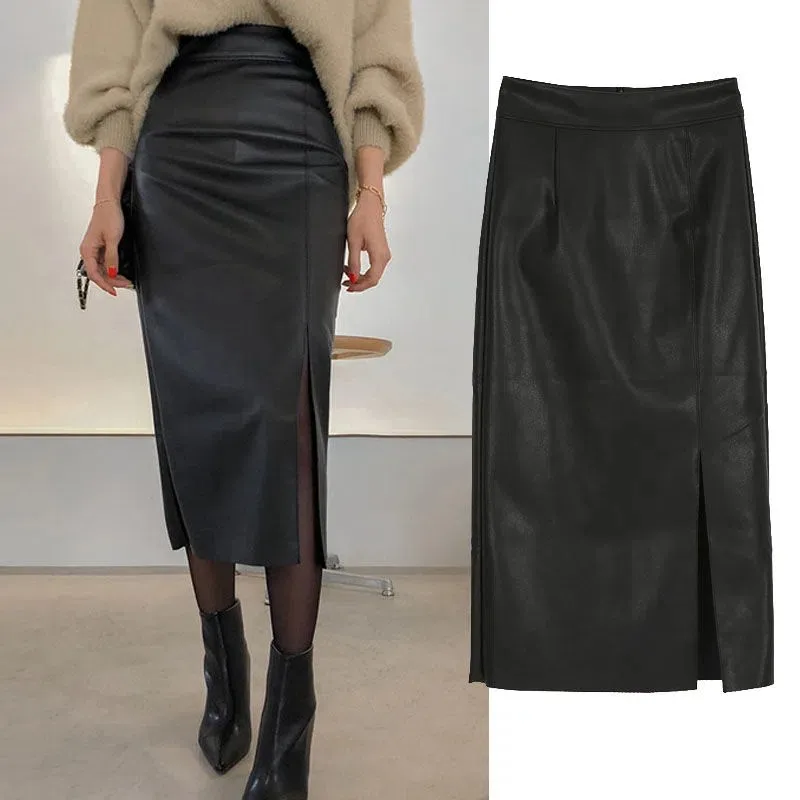 

Slim Faux Leather Skirt Women High Waist Lady Pu Y2K Harajuku Midi Skirt Female Casual A Line plus size Chic side split Skirts