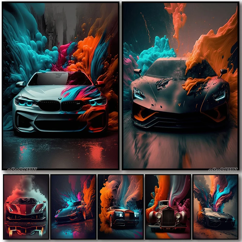 

Modern Futuristic Cars Canvas Panting Color Radiation Cool Supercar Posters and Prints Wall Art Pictures for Home Bar Wall Decor