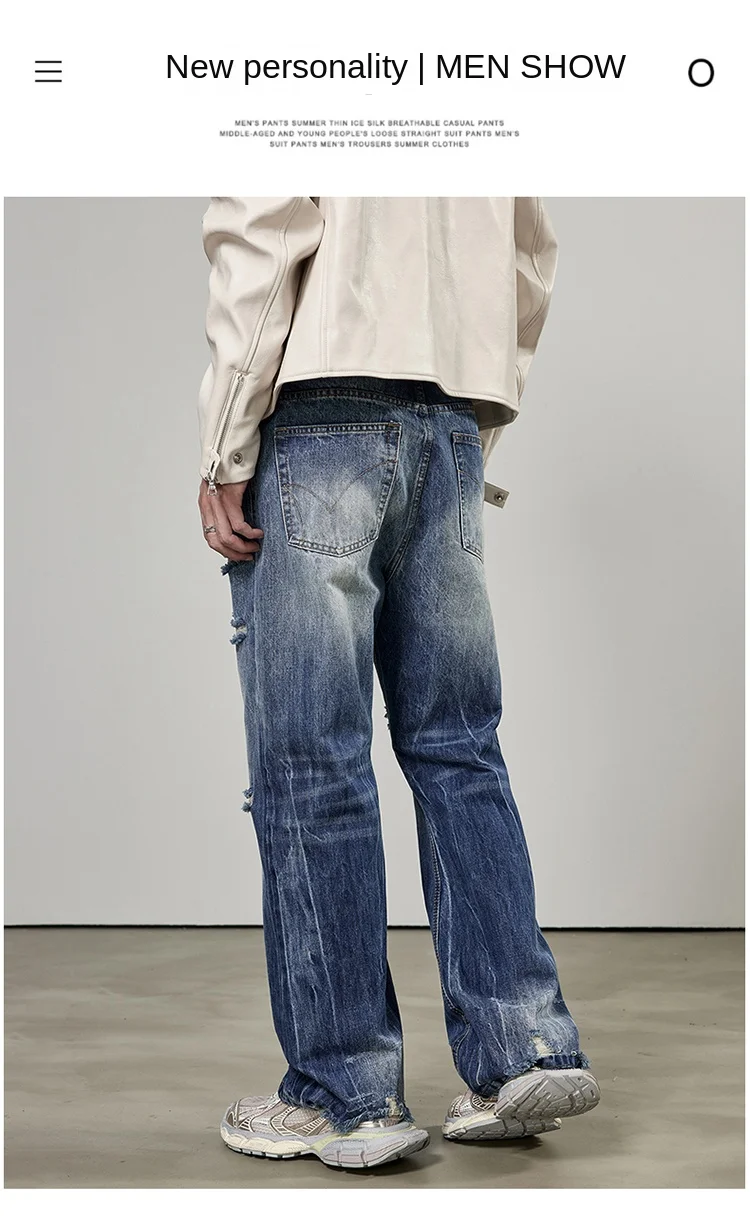 Description Picture 4 of item2024New Ripped Jeans Men's Personality Fashion Design American High Street Style Loose Straight Flare Pants