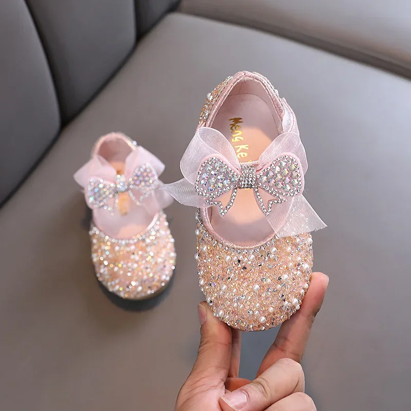 

New Children's Sequined Leather Shoes Girls Princess Rhinestone Bowknot Single Shoes 2024 Fashion Baby Kids Wedding Shoes