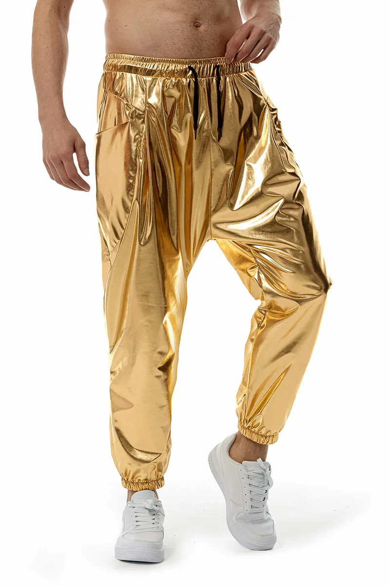 Shiny Metallic PU Leather Sweatpants Men Hip Hop Gold Coated Trousers Disco Nightclub Costume Stage Perform Pants for Singers 3