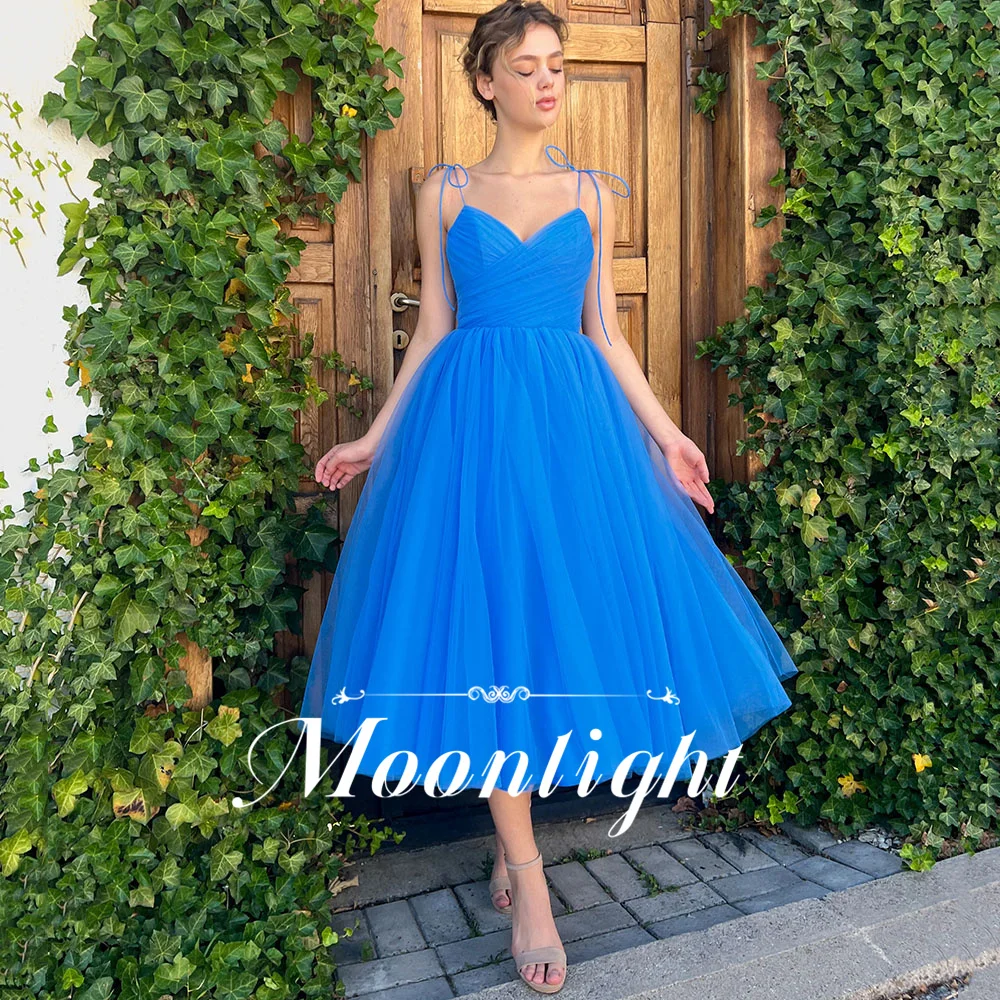 

#ML39 Moonlight V-Neck Spaghetti Straps Evening Dress Mid-Calf Pleats Beach Sleeveless Prom Gown Backless A-Line Robe de soirée