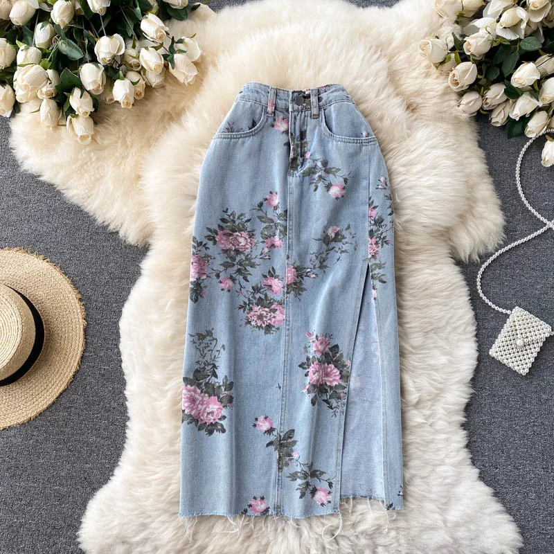 Elegant Floral Print Denim Skirt Women 2023 New Spring Summer Long Jeans Skirt High Waist Sexy Side Split Vintage Party Skirts zaful tie side floral smocked shirred triangle bikini swimwear s white