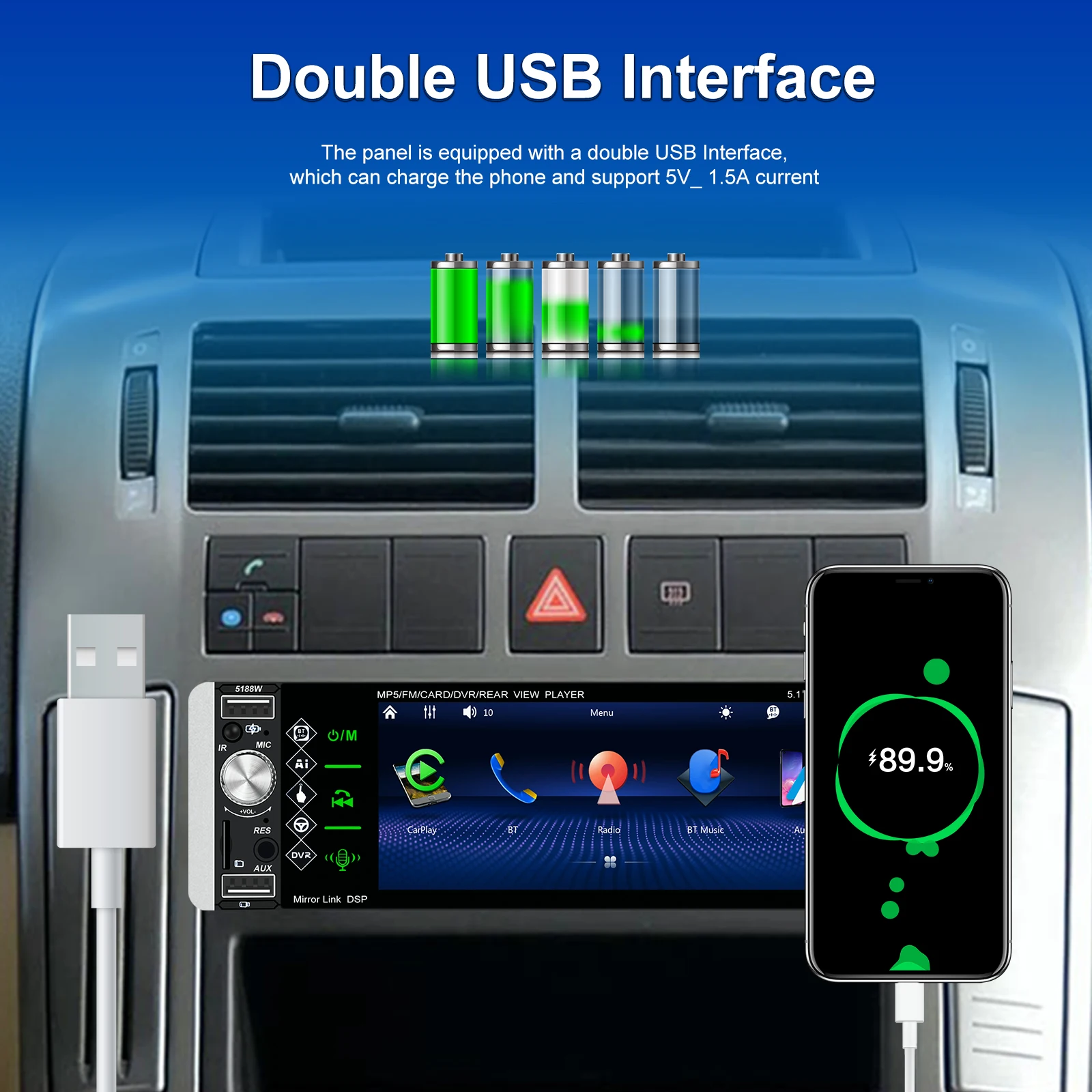 Car Radio 5.1 Inch MP5 Audio Video Player Android auto Carplay Bluetooth For Podofo