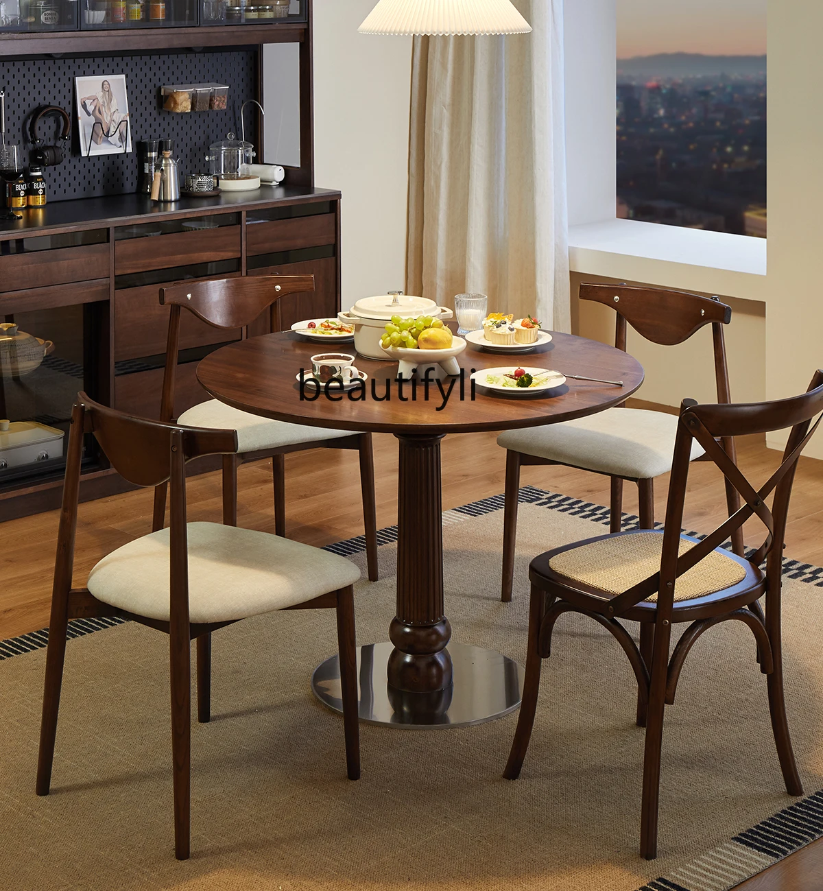 

Solid Wood Dining Table round Black Walnut Color round Table Retro Simple Home Dining Table