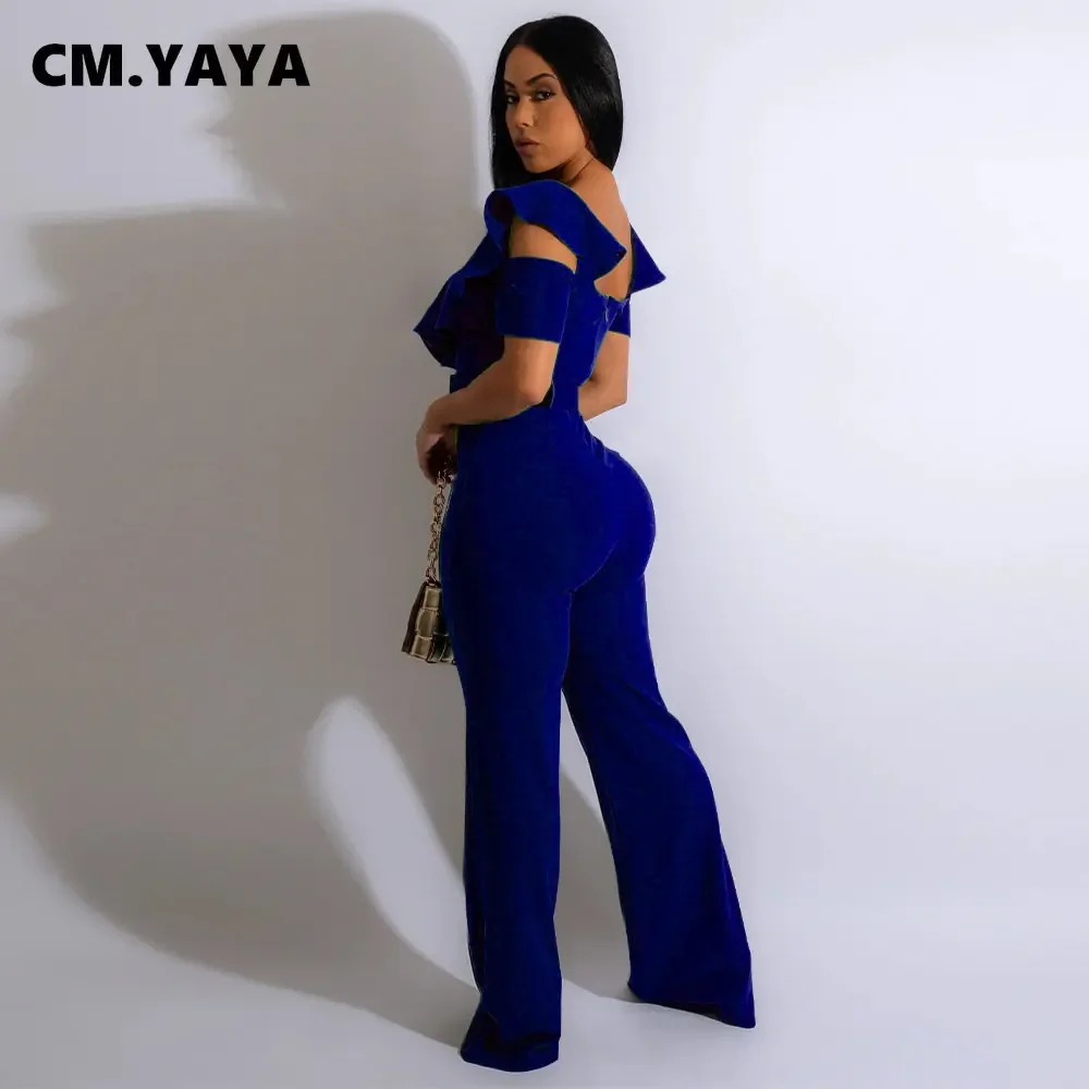 CM.YAYA 빈티지 여성 나비 소매 지퍼 백 허리띠 허리 스트레이트 와이드 다리 Jumpsuit 2023 파티 이브닝 원피스 세트