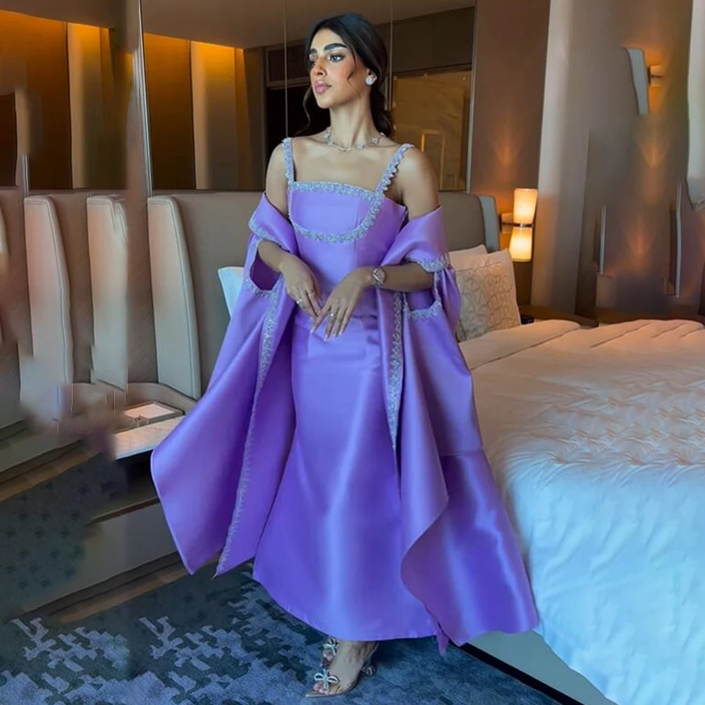 

Charming Spaghetti Strap Satin Prom Gown Backless Square Neck Ankle-Length Sleeveless Evening Dresses vestidos de gala