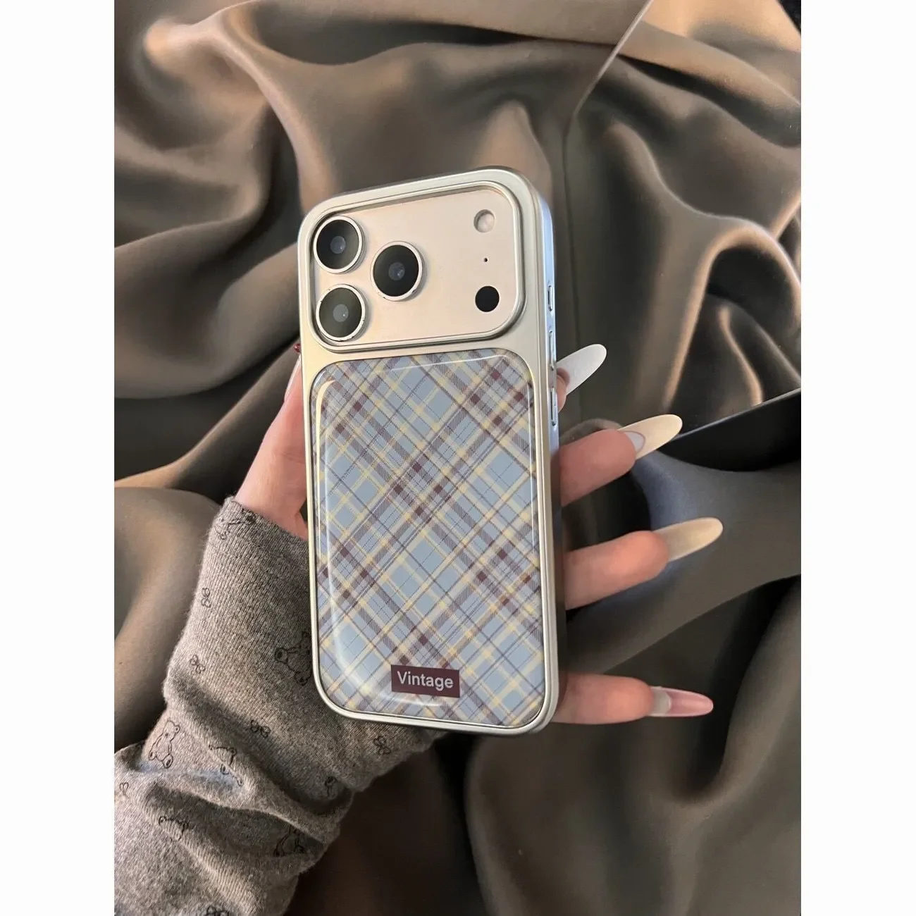 Retro Blue Brown Checkered Fashion Phone Case - Japanese and Korean Ins Style Y2K Cover