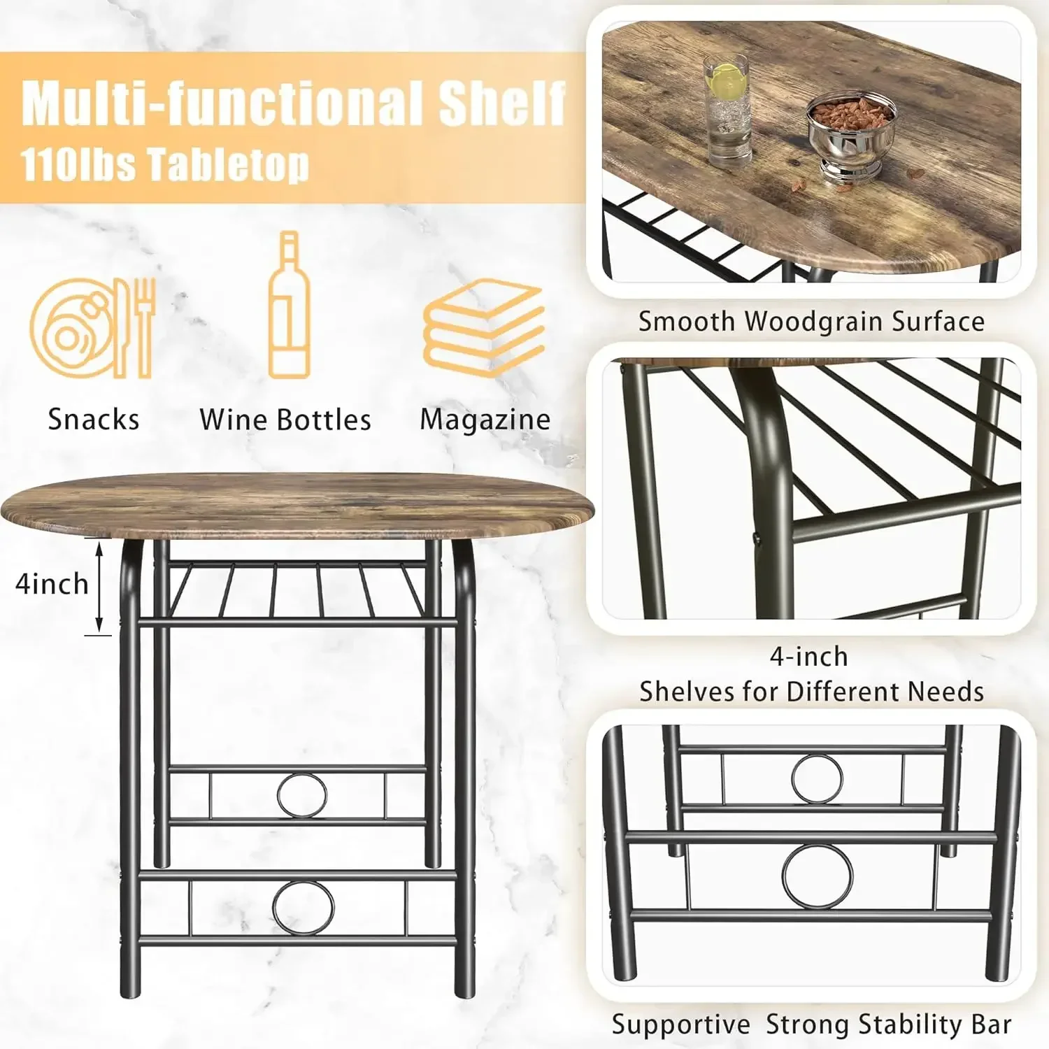 3-Piece Wooden Round Table, Kitchen Breakfast Nook Wood Grain Tabletop with Metal Frame and Built-in Wine Rack for Kitchen 6
