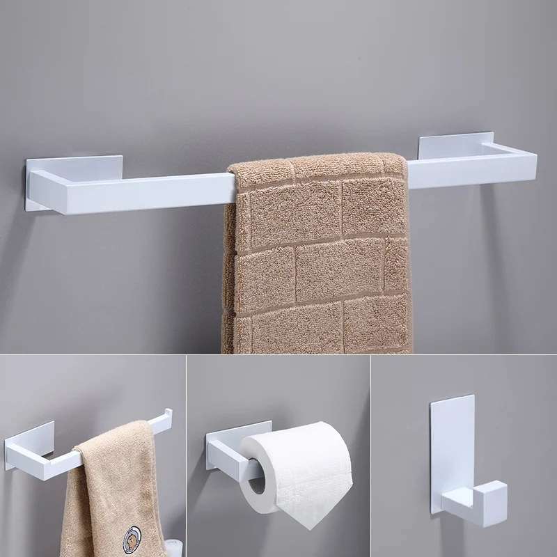 No Drilling Stainless Steel Self-adhesive Towel Bar Paper Holder Robe Hook Towel Ring Bathroom Accessories Set
