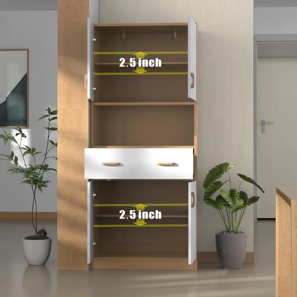 Oak and White Kitchen Pantry Cabinet,70" Tall Kitchen Storage Cabinet with Doors and Drawer, Freestanding Wooden Storage Cabinet 6