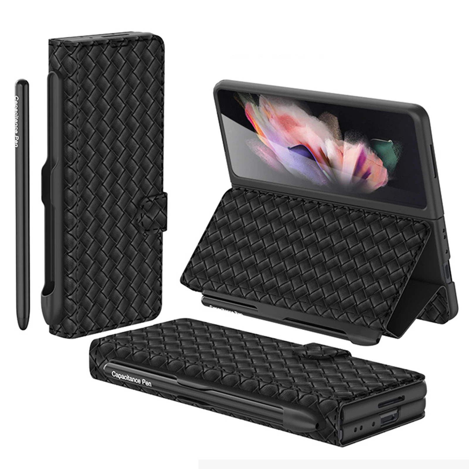 

（Including Pen ）Z Fold3 Case Samsung Galaxy Z Fold 3 Anti-fall Leather Cover with Pen Slot + Capacitive Pen Fundas Para Samsung